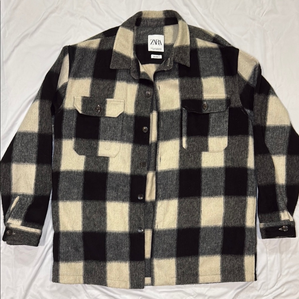 Zara Black and Cream Checkered Jacket - XL Men